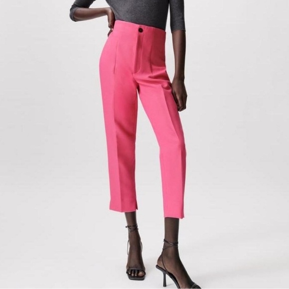 NWT Zara Pink Cropped High Waist Trouser XS - Picture 1 of 8
